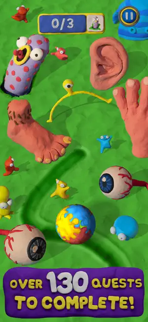A green clay hill with eyeballs, a foot and an ear as monsters — Over 130 Quests to Complete