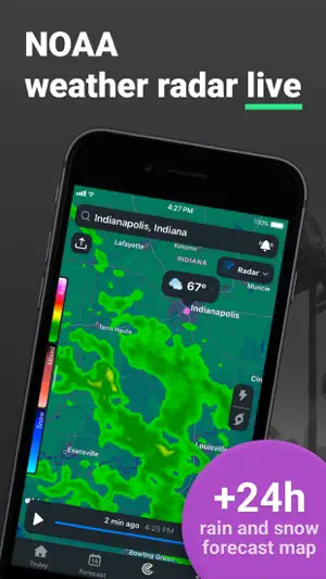 Clime radar over Indianapolis, Indiana showing a green rain band, 67° and a frame from 2 minutes ago, with a +24h rain and snow forecast badge
