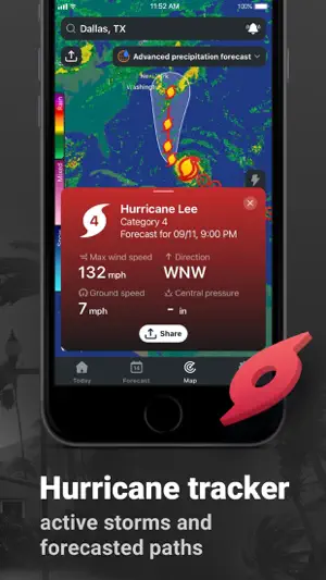 Hurricane tracker card for Category 4 Hurricane Lee with 132 mph maximum wind, WNW heading and a forecast path on the map