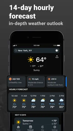 New York forecast at 64° and sunny with AQI 108, a 12 mph breeze, UV index 4 and an hourly forecast row