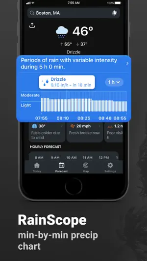 RainScope minute-by-minute chart for Boston showing drizzle at 0.16 in/h starting in 18 minutes