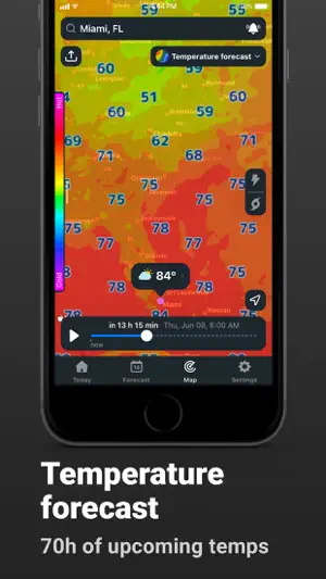 Temperature forecast map searched for Miami, Florida, with readings from 51° to 78°, an 84° pin and a forecast timeline