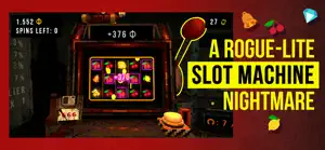 A rusted slot machine in a dark cell paying out 376 coins, captioned a rogue-lite slot machine nightmare
