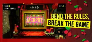 The slot machine flashing Jackpot with charms around it, captioned bend the rules, break the game