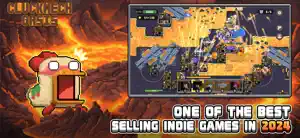 A screaming chicken hero before a lava battlefield map, captioned one of the best-selling indie games in 2024