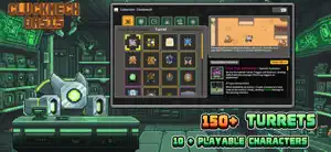 A turret catalogue grid with a green Cluckmech mech, captioned 150+ turrets, 10+ playable characters