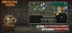 A pufferfish hero beside a turret field under attack, captioned ultra-satisfying combat