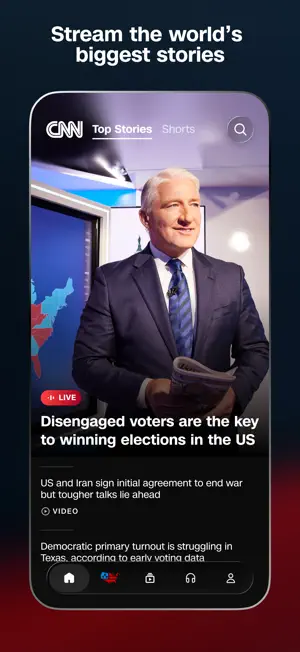 Top Stories tab with a LIVE-badged studio broadcast about voter turnout at the top and video headlines in the feed below, next to a Shorts tab