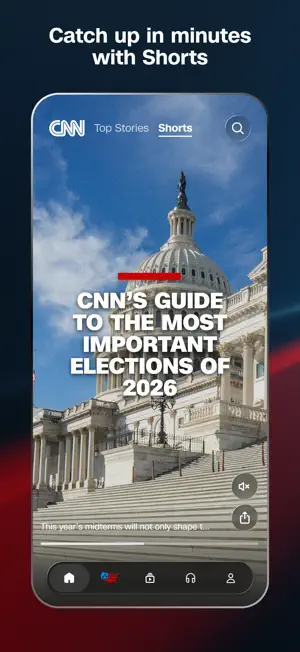 Shorts tab playing a full-screen vertical video titled CNN's guide to the most important elections of 2026, with mute and share buttons
