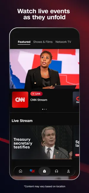 Watch section on the Featured tab with a live CNN Stream tile and a Live Stream row showing a congressional hearing