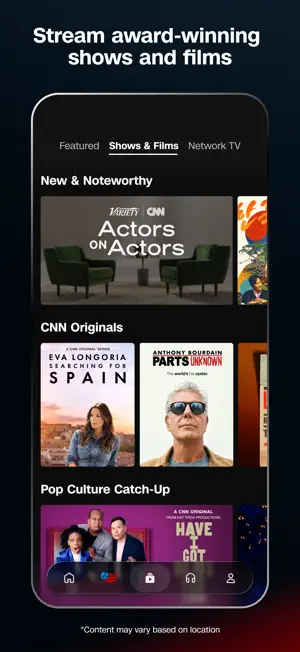 Shows & Films tab with New & Noteworthy and CNN Originals rows, including Anthony Bourdain: Parts Unknown and Eva Longoria: Searching for Spain
