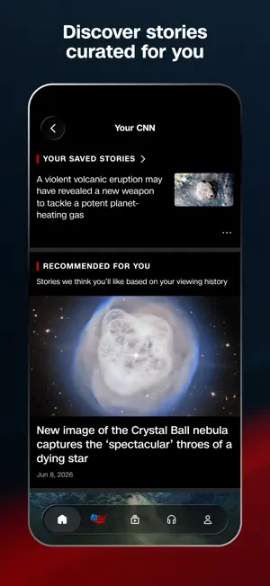Your CNN page with a saved science story and a Recommended for You list based on viewing history, led by a nebula image