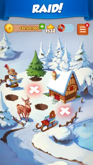 Snowy Alps village marked with two destroyed buildings