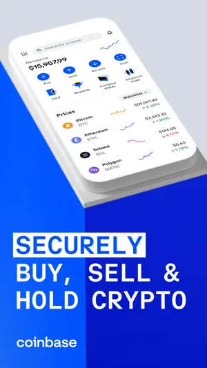 Promotional card showing a $15,957.99 balance and crypto prices
