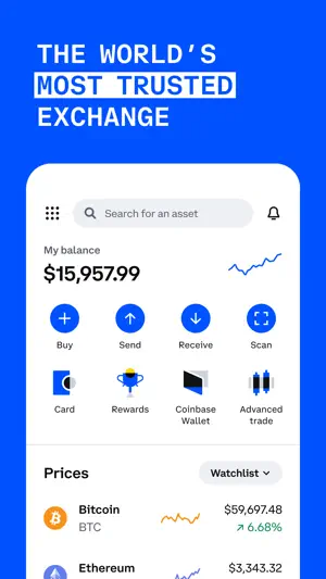 Home grid with Buy, Send, Receive, Card, Rewards and Advanced trade