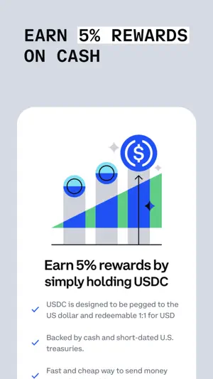 Rewards screen offering 5% for holding USDC backed by treasuries