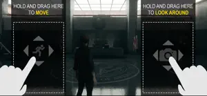 Touch tutorial in the Oldest House lobby: hold and drag to move, hold and drag to look around