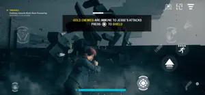 Jesse fighting Hiss enemies in a wrecked office with a Gold Enemies shield prompt