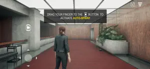 Jesse in a wood-panelled corridor with a drag-to-auto-sprint tip