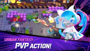 A top-down 3v3 fight on a rooftop with a white-haired Cookie in front — Urban Fantasy PvP Action