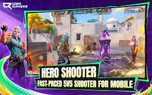 Hero Shooter — three agents in a sunlit desert town firing at a pink-haired enemy
