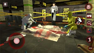 Taped-off subway platform with forensic officers, a body under a bloodied sheet and the tool HUD