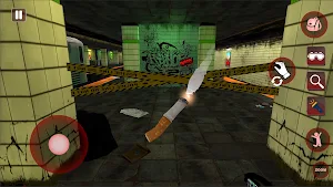 A knife glowing on a tiled subway floor beside police tape and graffiti