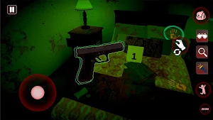 A pistol highlighted in green on a bed beside a lamp, with a numbered evidence marker