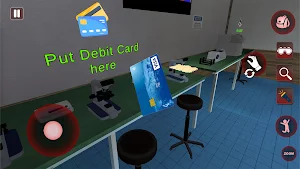 A bank counter with the prompt Put Debit Card here and a floating blue card