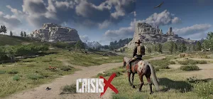 A survivor on a paint horse beneath a rock spire in open grassland — CrisisX