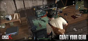Inside a cabin at a workbench with a rifle, crafting a weapon — Craft your gear