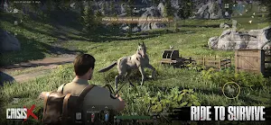 A survivor beside a white horse and a cart on a hillside — Ride to survive