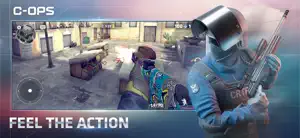 Firefight in a market street with two enemies visible