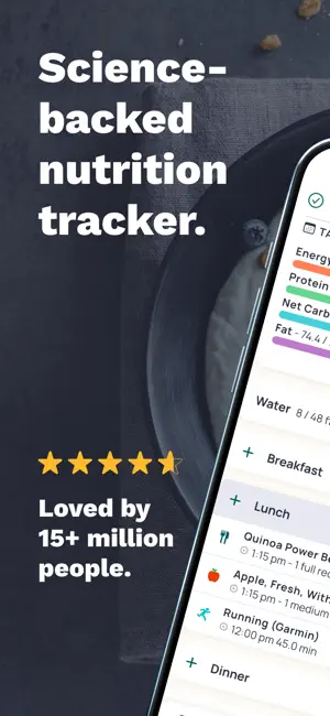 Diary listing Water, Breakfast and Lunch with a quinoa power bowl, an apple and a Running (Garmin) entry