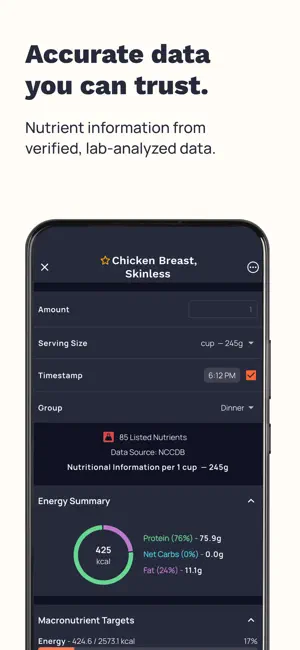 Skinless chicken breast entry in dark mode citing NCCDB as data source, with 85 listed nutrients