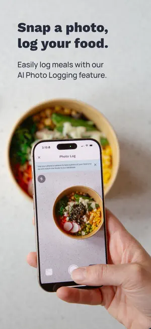 Photo Log camera screen aimed at a grain bowl with corn, radish and greens