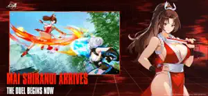 Mai Shiranui in her red outfit beside a fan-attack battle scene, captioned Mai Shiranui arrives