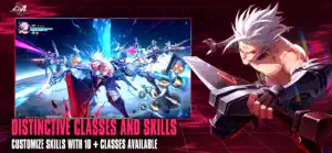 A white-haired swordsman and a class roster with skill icons, captioned distinctive classes and skills
