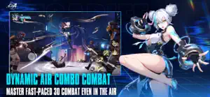 A silver-haired fighter launching into an air combo, captioned dynamic air combo combat