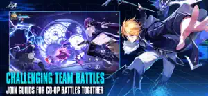 A party fighting a mechanical boss under blue light, captioned challenging team battles