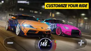 Two customised cars displayed side by side in a garage