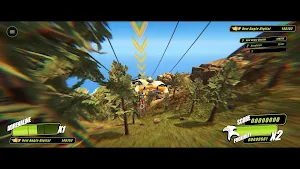 Wingsuit pilot diving into a pine-lined canyon with an adrenaline bar and x2 multiplier on the HUD