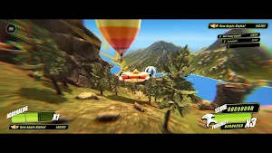 Flying between a red-and-yellow hot-air balloon and a red aircraft over a valley