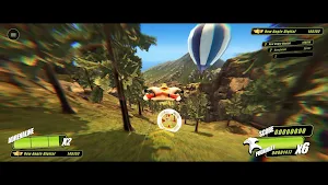 Skimming past a blue-and-white balloon above green hills with the score multiplier rising