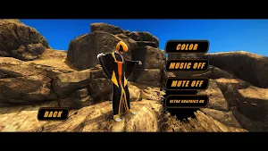 Settings screen on a cliff with the pilot in an orange wingsuit — Color, Music Off, Mute Off, Ultra Graphics