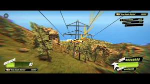 Low flight under power lines toward a pylon on a wooded ridge