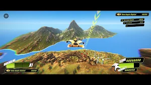 Coastal descent over a bay toward jagged peaks with the score counter at the right