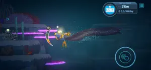 Dave in a dark trench at 271 metres with a glowing purple eel-like creature lunging past