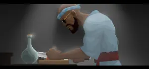 Close-up of Bancho slicing fish behind the counter with a bottle of sake beside him