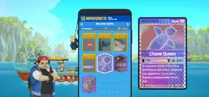 Dave's phone showing the Marinca app with a Clione Queen fish card, the boat in the background